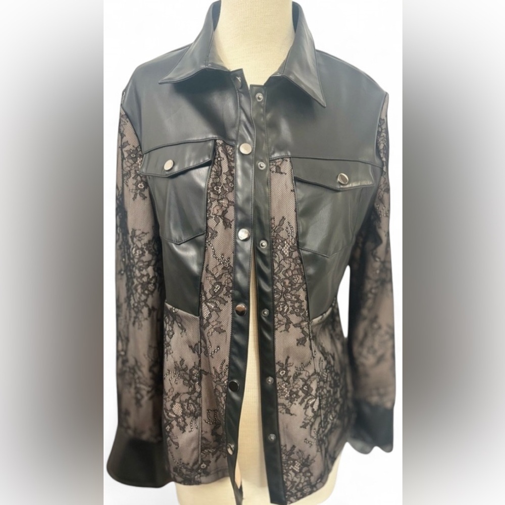 NWT Women’s Black Gray Lace Leather Jacket Women's Size M Moto Biker Coat